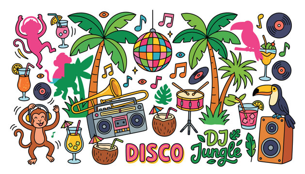 Tropical disco jungle illustration with musical instruments and party elements in a colorful doodle style
