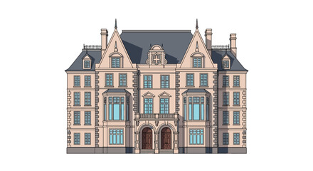 Grand historic mansion with many windows and classic architectural details stands tall in a detailed flat illustration. © MD