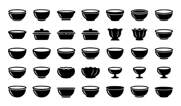 Black Bowl Shape Silhouettes Vector Art Collection with Dining and Kitchenware Designs