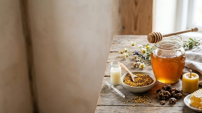 Healthy organic honey with bee pollen and propolis still life