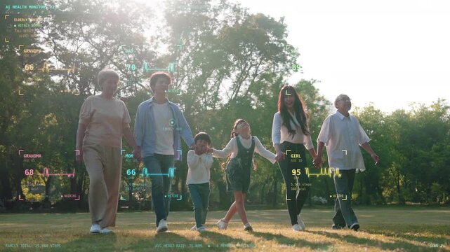 Happy multi-generational Asian family walking in a park with futuristic HUD health tracker overlay showing heart rate and fitness data, AI Data wellness, healthcare technology, and smart lifestyle