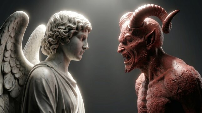 White Marble Angel Confronting Red Horned Demon In A Struggle Between Light And Dark, Spiritual Concept Of Moral Duality