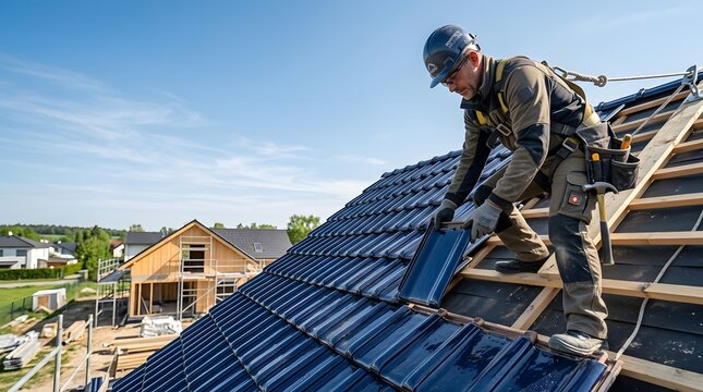Skilled roofers collaborating on a residential building project