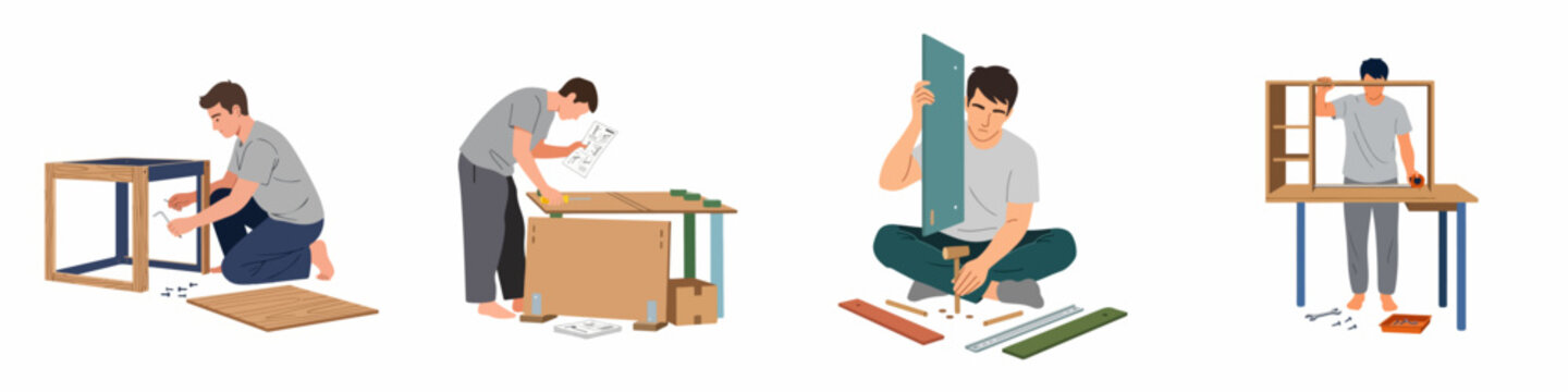 Set of vector illustrations depicting a young man assembling DIY furniture including tables and shelves using various hand tools at home.