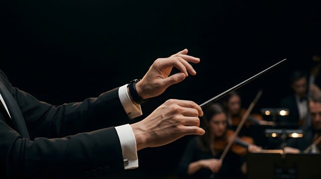 Conductor hands holding a baton during a classical music performance