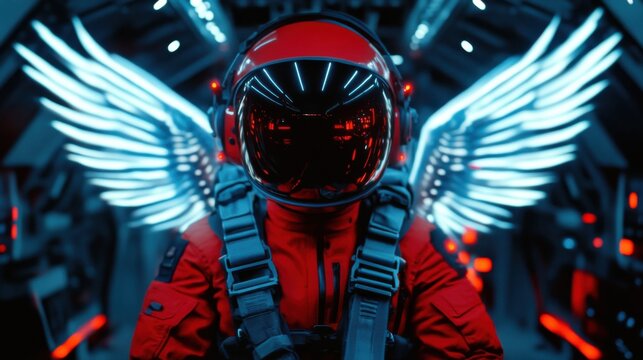 A visionary astronaut adorned with glowing wings inside a spacecraft highlighting the spirit of innovation and the quest for exploration