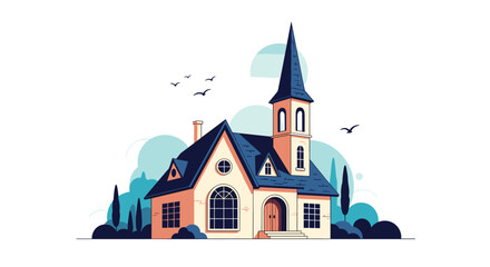 Picturesque house with blue roofs and a tall pointed tower stands in a landscaped garden under a sky with birds. © MD