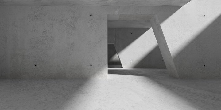Concrete brutalism room with multiple rooms and slanted doorway - modern empty abstract industrial interior background template with sunlight