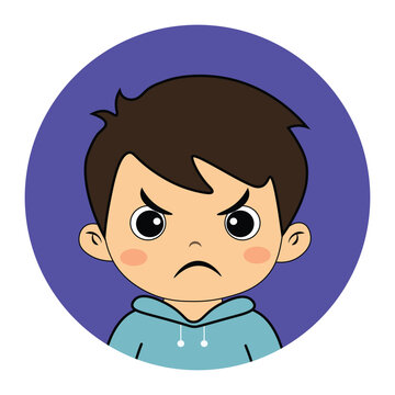 Cute boy face avatar with angry pouting expression, mad cartoon kid profile icon vector illustration