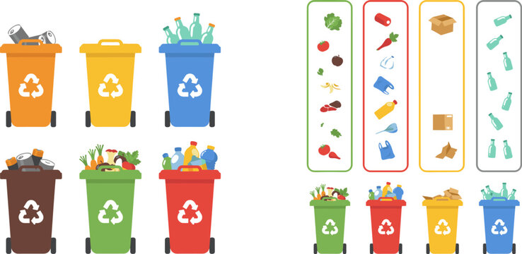 Colorful Recycling Bins Vector Set with Full and Empty Trash Cans Waste Sorting Categories Organic Plastic Glass Metal and Paper Garbage Collection
