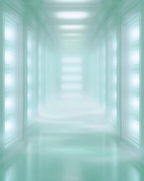 Longevity clinic diagnostics background with soft clinical corridor and clean copy space