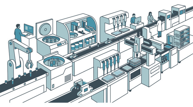 Futuristic factory automation schematic with robotics and control hardware.