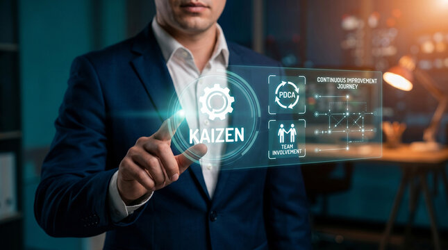 Professional businessman interacting with a digital holographic interface focused on the kaizen lean manufacturing methodology concept