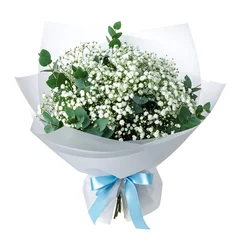 Bouquet of white baby's breath flowers wrapped in paper with blue ribb © DAHLIA