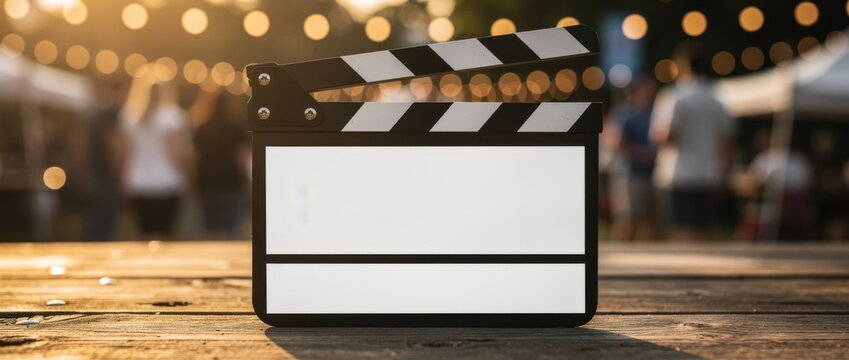 Classic film clapperboard with empty slate displayed on rustic wooden table against blurred outdoor lights background during a cinematic event or festival