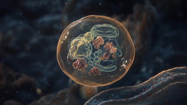 Autophagy Recycling Function Cinematic Footage of a Cell Engulfing Debris in a Glowing Autophagosome