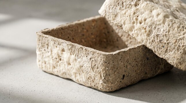Eco friendly sustainable packaging box made from mycelium mushroom compostable material, open biodegradable container mockup with natural light and shadow on textured background
