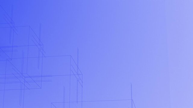 Gradient blue background, digital abstract art, geometric wireframe shapes, minimalist design elements, tech innovation concept