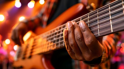 Fototapeta premium Close-Up Macro View of Hands Playing Frets on a Bass Guitar with Stage Lights in Background
