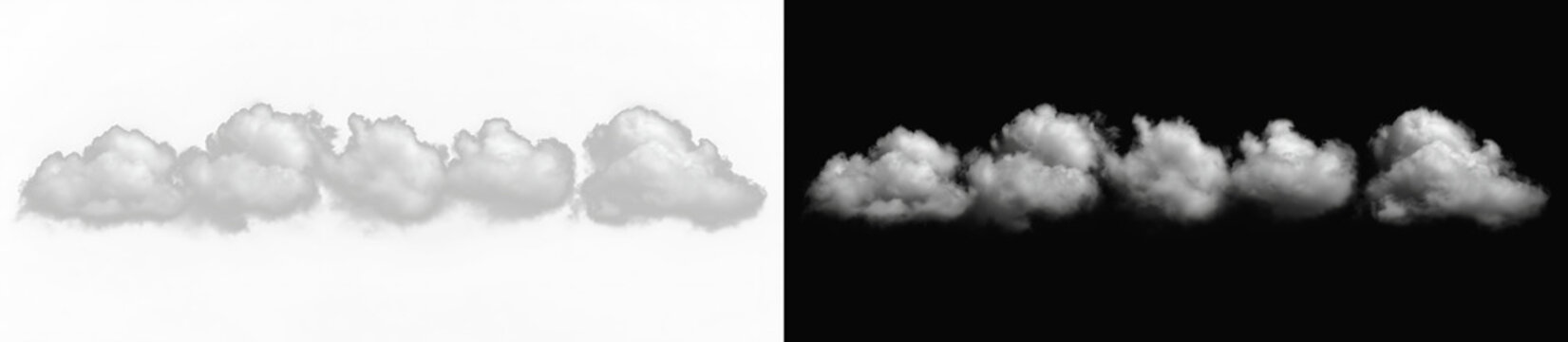 Abstract realistic white clouds on white and black background, horizontal fluffy cumulus cloud set or smoke steam overlay