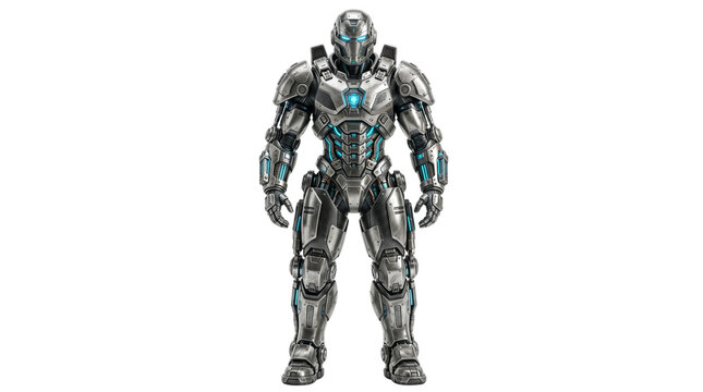Futuristic silver robot soldier in heavy exoskeleton armor, metallic cyborg warrior with glowing blue energy core, advanced sci-fi battle suit isolated PNG with Transparent Background