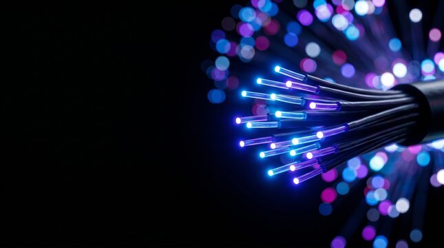 Hyper-realistic macro photography of a fiber optic cable bundle glowing with blue and purple neon light, representing high-speed internet data transfer, telecommunications, and digital network connect