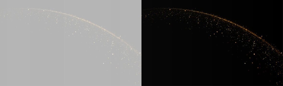 Abstract golden planetary horizon curve on gray and black background, realistic gold light arc with glitter particles overlay