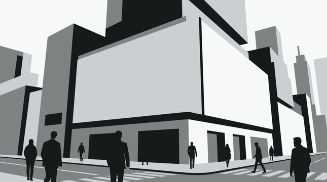 Modern city building corner with large blank billboards for advertising.
