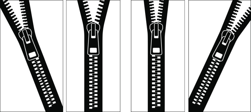 Zipper vector icon set with open and closed metal zip fasteners for technical fashion flats