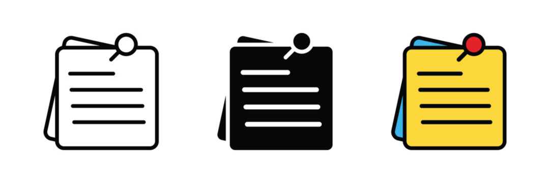 Sticky notes icon, pinned notice, task reminder, memo or list symbol. Transparent vector and PNG