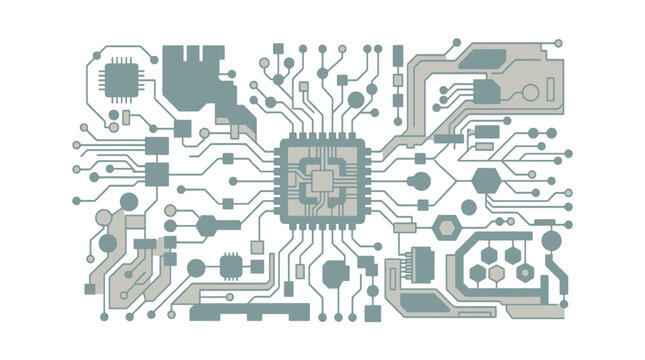 Abstract circuit board with microchip and electronic pathways.