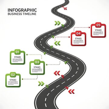 Winding road infographic timeline with numbered stages, milestones, and directional arrows