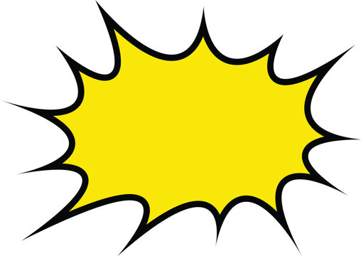 Yellow comic book explosion speech bubble. Blank retro pop art starburst frame with a bold black outline. Vector graphic template for labels, announcements, and advertisements.