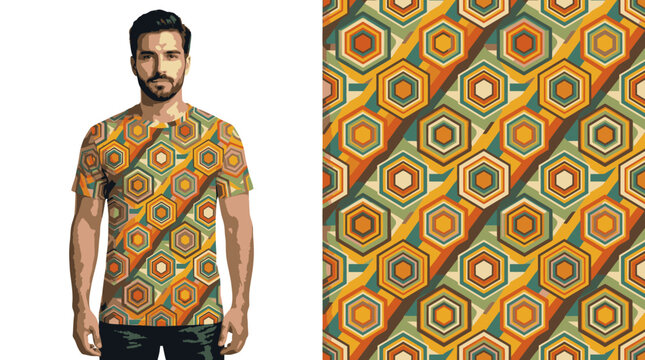 Retro geometric hexagon pattern t-shirt for men.