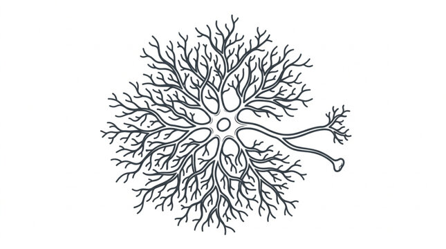Detailed illustration of a single neuron cell body with branching dendrites and axon.