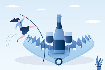 Businesswoman uses pole vault to leap over dangerous trap baited with bottle of wine and glasses. Struggle to overcome addiction and temptation. Alcohol dependence overcoming