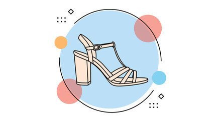 Elegant beige high-heeled sandal with multiple straps and a buckle is centered on a light blue circle background. © MD