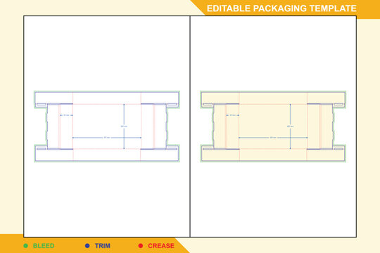 Food tray packaging dieline template with measurement annotations, featuring green bleed, blue trim, and red crease lines for structural