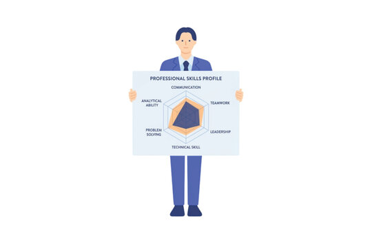 Businessman holding professional skills profile chart with radar graph vector illustration