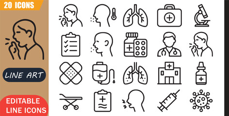 Naklejka premium Isolated Cough Symptoms Icons Set, 20 Editable Line Art Icons Set, Healthcare Illness Respiratory, Infection Treatment Medical, Health Condition Signs, Minimal Outline Vector