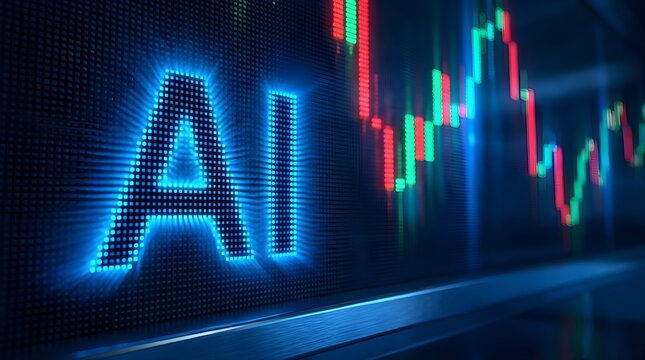 Glowing blue artificial intelligence text displayed on a digital screen showing fluctuating stock market charts