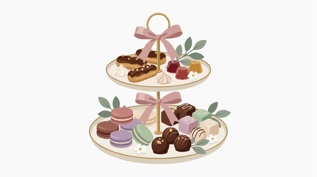 Elegant Two Tiered Dessert Stand Filled With Assorted Pastries Chocolates Macarons and Jellies Decorated With Ribbons and Leaves Isolated on white background