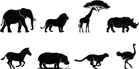 African Safari Wildlife Black Silhouette Vector Collection Featuring Lion Elephant Giraffe Rhino and Zebra © Sohel