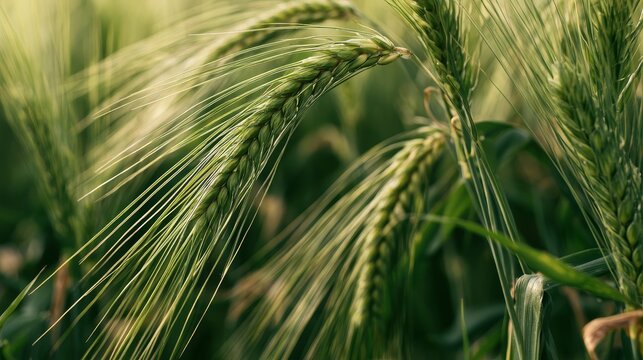 Close up of vibrant green rye cereals growing in a sunny agricultural field with selective focus, highlighting organic farming, sustainable cultivation, natural growth and fertile farmland