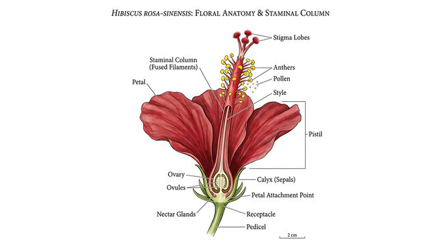 A detailed illustration of a red hibiscus flower showcasing its stigma, anthers, and petals.