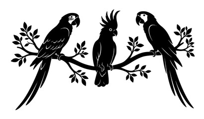 Three Parrots Silhouette Vector with Two Macaws and Cockatoo Perched on Branch Isolated © MDShahinuddin