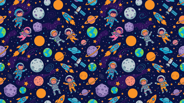 Seamless pattern of astronauts and planets in outer space.