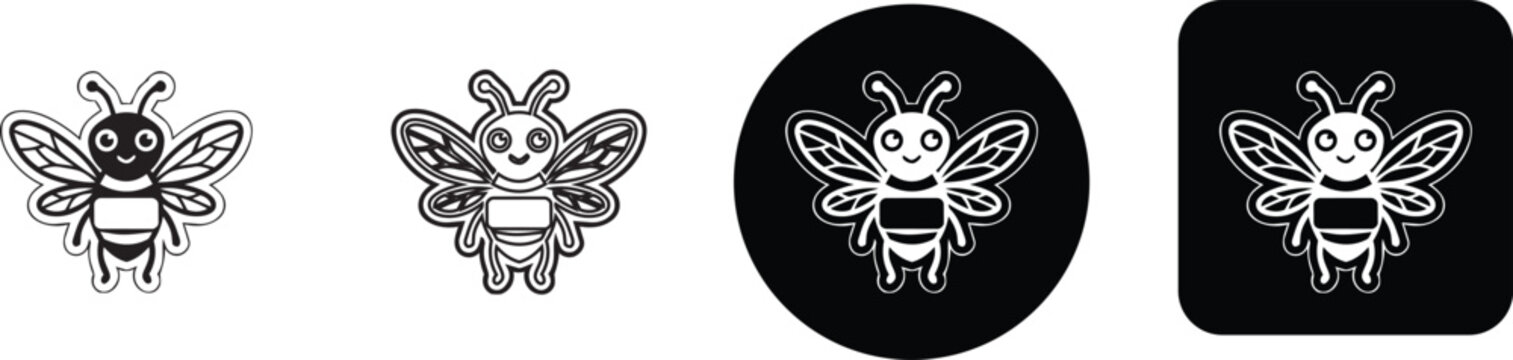 Cute cartoon honey bee character icon asset pack with black white styles