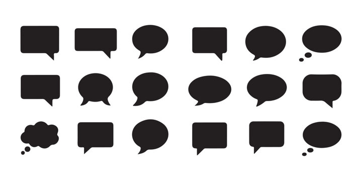 Set of black speech bubbles isolated on transparent background, chat box, message icons.