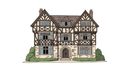 Traditional Tudor-style mansion with timber framing and many leaded glass windows stands tall on a green lawn. © MD